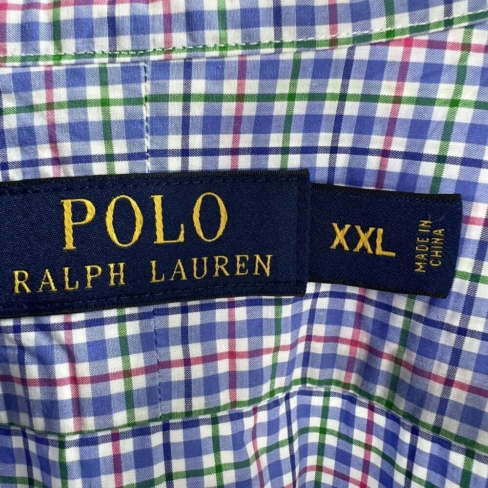 POLO Ralph Lauren XXL Gingham Plaid Twill Dress Shirt 100% Cotton Button Up Logo